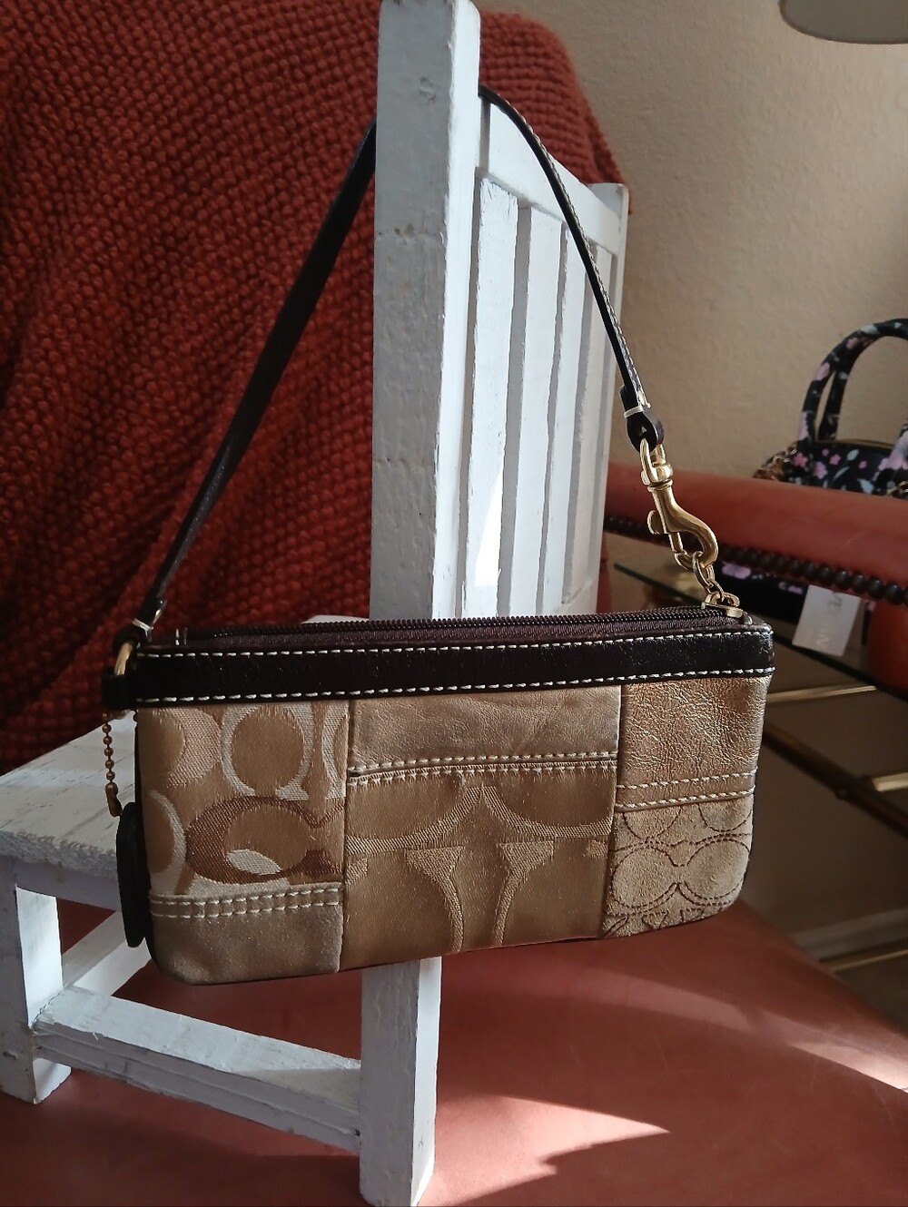 *SOLD* Coach Patchwork Signature Wristlet with Brown Leather Trim.